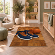 High-Top Sneakers and Ball rug in a nursery with a crib and armchair