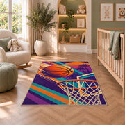 Retro 80s Hoops Poster rug in a nursery with a crib and armchair