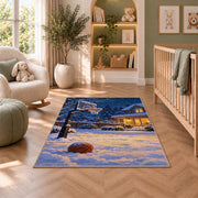 Snowy Backyard Hoop rug in a nursery with a crib and armchair