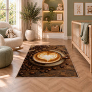 Latte Art Heart Cappuccino rug in a nursery with a crib and armchair