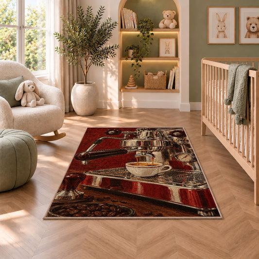 Vintage Espresso Machine rug in a nursery with a crib and armchair