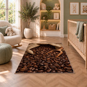 Burlap Sack of Coffee Beans rug in a nursery with a crib and armchair