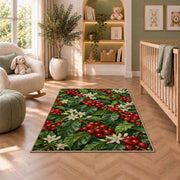 Coffee Cherry Branches rug in a nursery with a crib and armchair