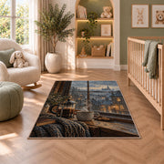 French Press Rainy Window rug in a nursery with a crib and armchair