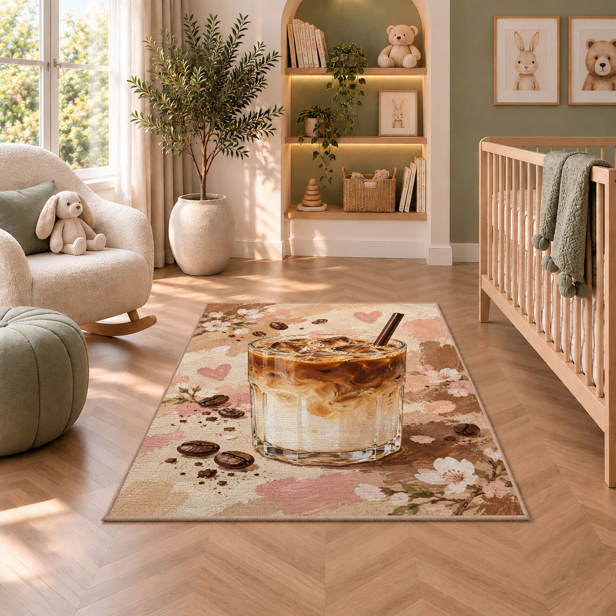 Layered Iced Latte rug in a nursery with a crib and armchair