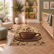 Coffee Bean Cup Art rug in a nursery with a crib and armchair