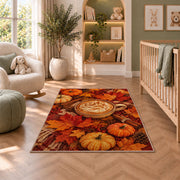 Pumpkin Spice Latte rug in a nursery with a crib and armchair