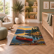 Red Canoe and Tent at Sunrise Lake rug in a nursery with a crib and armchair