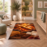 Campfire S'mores rug in a nursery with a crib and armchair