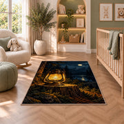 Vintage Camping Lantern rug in a nursery with a crib and armchair