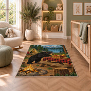 Black Bear Campsite Picnic rug in a nursery with a crib and armchair