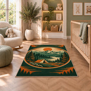 Vintage Camping Badge rug in a nursery with a crib and armchair