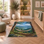 Hammock Between Pines rug in a nursery with a crib and armchair