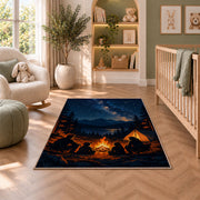 Family Campfire Under the Stars rug in a nursery with a crib and armchair