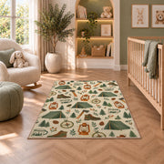 Camping Gear Pattern rug in a nursery with a crib and armchair