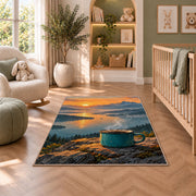 Steaming Camp Mug at Dawn rug in a nursery with a crib and armchair