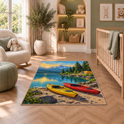 Kayaks on the Lakeshore rug in a nursery with a crib and armchair