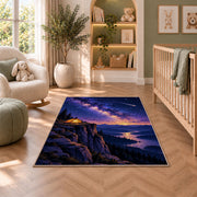 Tent on Cliff with Shooting Star rug in a nursery with a crib and armchair