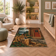 Firewood and Axe by Cabin rug in a nursery with a crib and armchair
