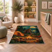 Bigfoot Campsite rug in a nursery with a crib and armchair