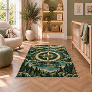 Compass in Mountain Forest Ring rug in a nursery with a crib and armchair
