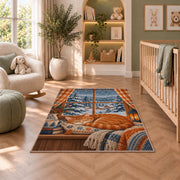Orange Cat Snowy Window rug in a nursery with a crib and armchair