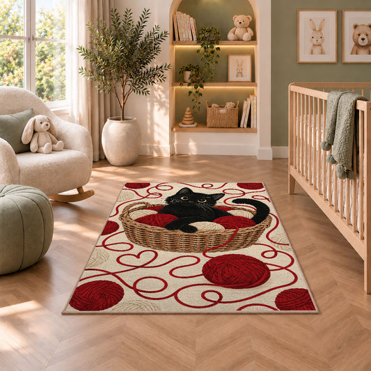 Black Cat Yarn Basket rug in a nursery with a crib and armchair