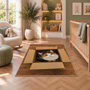Calico Cat in a Box rug in a nursery with a crib and armchair