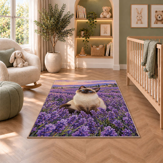 Siamese Cat Lavender rug in a nursery with a crib and armchair