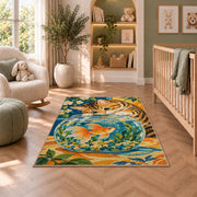 Tabby Cat and Goldfish rug in a nursery with a crib and armchair