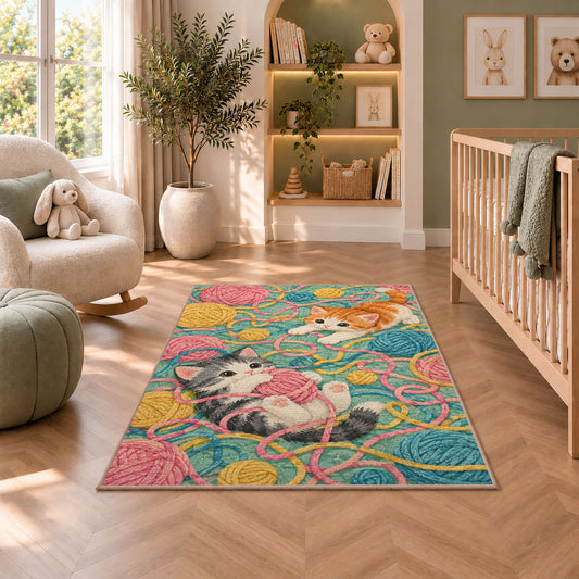 Kittens Tangled in Yarn rug in a nursery with a crib and armchair