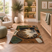 Cat Napping on Laptop rug in a nursery with a crib and armchair