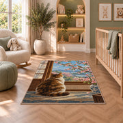 Cat Watching Sparrows rug in a nursery with a crib and armchair