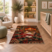 Sweater Kitten by Fireplace rug in a nursery with a crib and armchair