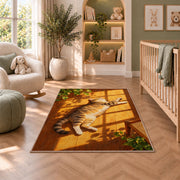 Tabby Cat Sunbathing rug in a nursery with a crib and armchair