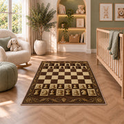 classic wooden chessboard rug in a nursery with a crib and armchair