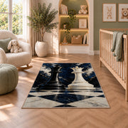 black king and white queen chess pieces rug in a nursery with a crib and armchair