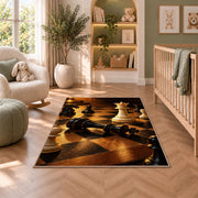 checkmate chess scene rug in a nursery with a crib and armchair