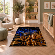 glowing glass chess pieces rug in a nursery with a crib and armchair