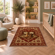 chess clock and chess pieces rug in a nursery with a crib and armchair