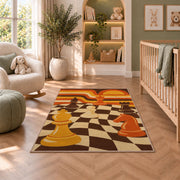 retro 70s chessboard rug in a nursery with a crib and armchair
