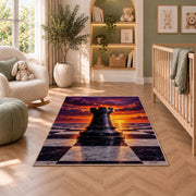 rook chess piece at sunset rug in a nursery with a crib and armchair