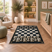 marble chessboard rug in a nursery with a crib and armchair