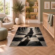 pawn with queen shadow chess rug in a nursery with a crib and armchair