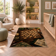 chessboard on a study desk rug in a nursery with a crib and armchair