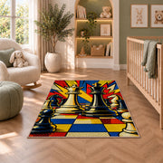 pop art chess king and queen rug in a nursery with a crib and armchair