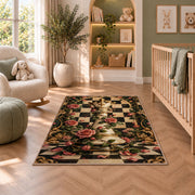 chess queen wrapped in roses rug in a nursery with a crib and armchair