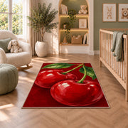 Giant Cherry Rug in a nursery with a crib and armchair