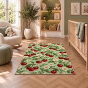 Cherry and Daisy Rug in a nursery with a crib and armchair