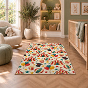 Circus Pattern Rug in a nursery with a crib and armchair